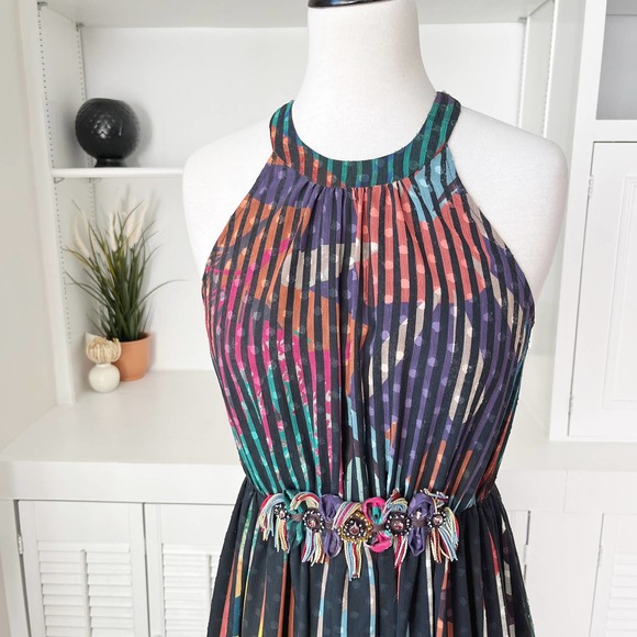 Anthropologie Geisha Designs Kalinka Pleated Floral Stripe Maxi Dress Size S/4 - Picture 4 of 7
